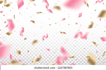 Falling shiny pink and gold confetti and pieces of serpentine isolated on transparent background. Bright festive overlay effect with rose and golden colored tinsels