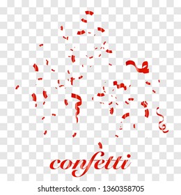 Falling shiny Red confetti glitters Isolated on Transparent Checkered Background. Glamour flying sparkle elements, red texture serpentine streamers confetti. Vector illustration EPS10.