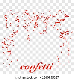 Falling shiny Red confetti glitters Isolated on Transparent Checkered Background. Glamour flying sparkle elements, red texture serpentine streamers confetti. Vector illustration EPS10.