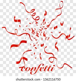 Falling shiny Red confetti glitters Isolated on Transparent Checkered Background. Glamour flying sparkle elements, red texture serpentine streamers confetti. Vector illustration EPS10.