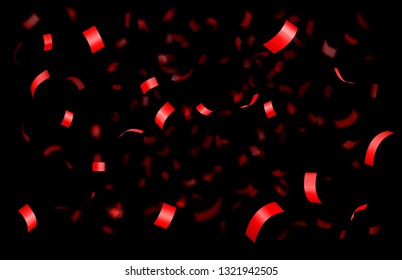 Falling shiny red confetti isolated on black background with depth of field in foreground and blurred particles in the background. Realistic bright festive tinsel