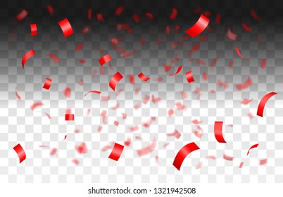 Falling shiny red confetti isolated on transparent background with depth of field in foreground and blurred particles in the background.Realistic bright festive tinsel