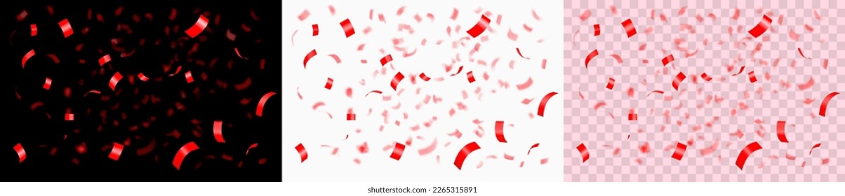 Caer En El Luminoso Confetti Rojo. Serpentina Roja aislada sobre fondo dorado blanco, negro y transparente. Brillante oropla roja. Ilustración vectorial 3d realista