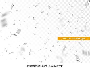 Falling shiny silver confetti isolated on transparent background. Bright festive tinsel of white color.