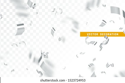 Falling shiny silver confetti isolated on transparent background. Bright festive tinsel of white color.