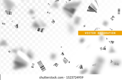 Falling shiny silver confetti isolated on transparent background. Bright festive tinsel of white color.
