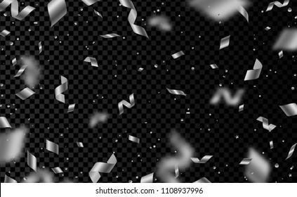Falling shiny silver confetti and pieces of serpentine isolated on black transparent background. Bright festive overlay effect with gray tinsels. Vector illustration.