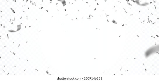 Falling shiny silver confetti and ribbons celebration party design element