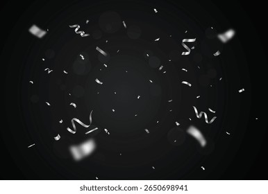 Elemento de diseño de fiesta de celebración de confeti y cintas de plata brillante caída