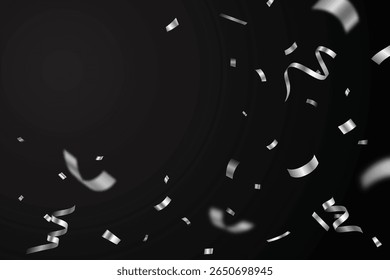 Falling shiny silver confetti and ribbons celebration party design element