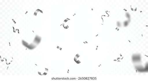 Elemento de diseño de fiesta de celebración de confeti y cintas de plata brillante caída