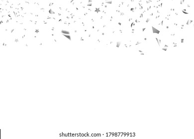 Confeti plateado brillante y piezas serpentinas aisladas en un fondo transparente. Un vibrante efecto de mezcla festiva con tinte gris. Ilustración vectorial.