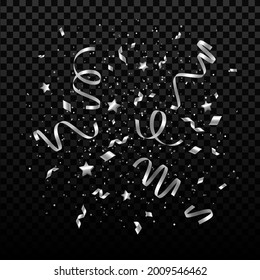 Falling shiny silver confetti, small stars and pieces of serpentine isolated on transparent background. Festive overlay effect with gray tinsels for New year night party. Vector illustration.