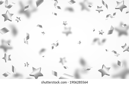 Falling shiny silver confetti, stars and pieces of serpentine isolated on white background. Bright festive overlay effect with gray tinsels. Vector illustration.