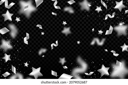 Falling Shiny Silver Confetti, Stars And Serpentine Isolated On Transparent Black Background. Bright Festive Overlay Effect With Gray Tinsels Falling Down. Vector Illustration.