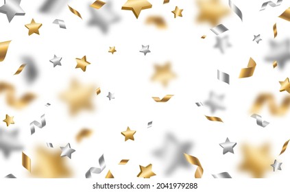 Falling shiny silver gold confetti, stars and serpentine isolated on white background. Bright festive overlay effect with golden and gray tinsels falling down. Vector illustration.