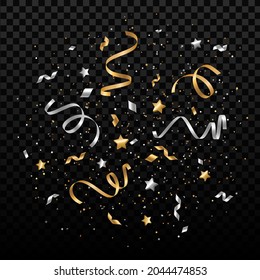 Falling shiny silver and gold confetti, small stars and pieces of serpentine isolated on transparent background. Bright festive overlay effect with golden shimmer tinsels. Vector illustration.