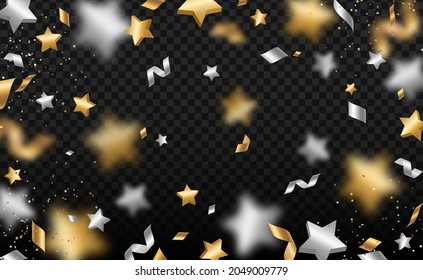 Falling shiny silver gold confetti, stars and serpentine isolated on white background. Bright festive overlay effect with golden and gray tinsels falling down. Vector illustration.