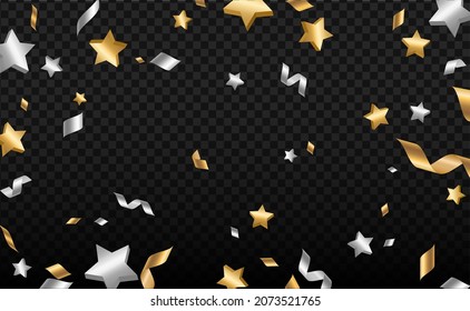 Fallende glänzende Silbergoldkonfetti, Sterne und Serpentine einzeln auf weißem Hintergrund. Heller festlicher Overlay-Effekt mit goldenen und grauen Tönen, die herunterfallen. Vektorgrafik.