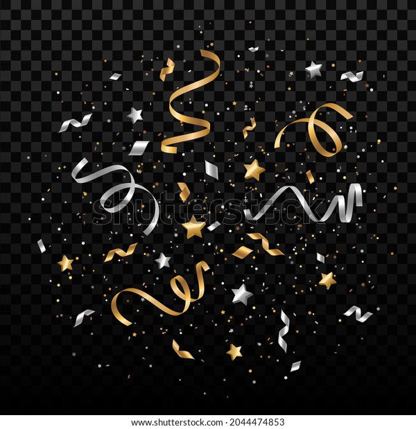 Falling shiny silver and gold confetti,\
small stars and pieces of serpentine isolated on transparent\
background. Bright festive overlay effect with golden shimmer\
tinsels. Vector\
illustration.