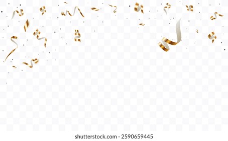 Falling shiny streamer. Bright golden festive tinsel. Golden confetti on transparent background, bright streamer. Vector
