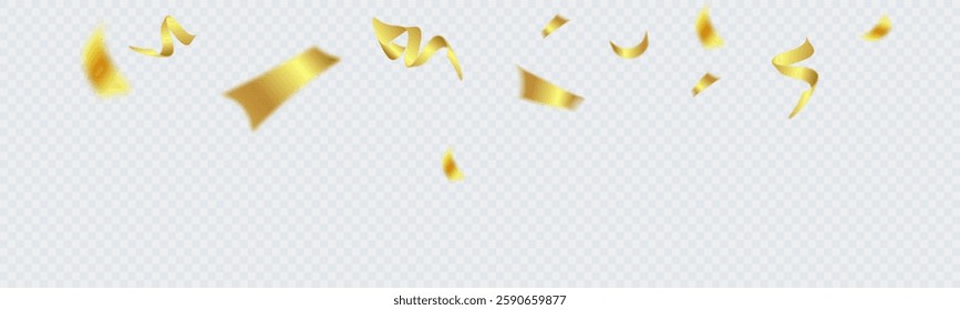Falling shiny streamer. Bright golden festive tinsel. Golden confetti on transparent background, bright streamer. Vector