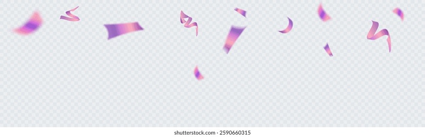 Falling shiny streamers. Bright purple festive tinsel. Purple confetti on transparent background, bright streamers. Vector