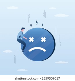 Falling shocked man holding giant negative emoji. Pessimist, male character with mental problems and emotional pressure. Business failures metaphor. Fiasco or bad luck. flat vector illustration