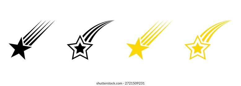 Conjunto de iconos de Vector negro de estrella que cae y dispara con símbolos de movimiento. Colección de íconos de estrellas fugaces con colas dinámicas, que representan cometas o meteoroides que caen en un estilo de Vector simple, gráfico y minimalista