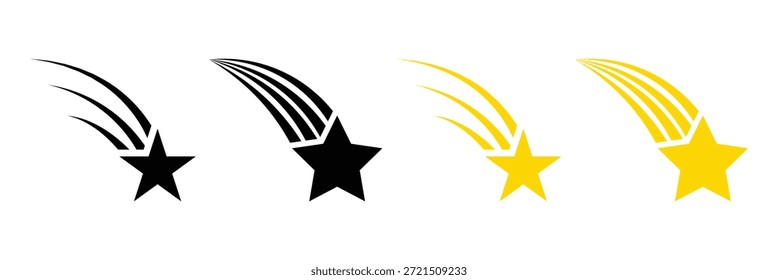Schwarzes Vektorsymbol mit abfallenden und aufgenommenen Sternen mit Bewegungssymbolen. Sammlung von Sternensymbolen mit dynamischen Swoosh-Schwänzen, die fallende Kometen oder Meteoroiden in einem einfachen, grafischen und minimalistischen Vektorstil darstellen