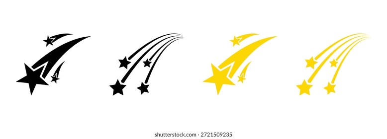 Falling and shooting star black vector icon set with motion symbols. Collection of shooting star icons with dynamic swoosh tails, representing falling comets or meteoroids in a simple, graphic, and minimalist vector style