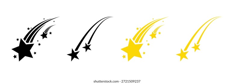 Conjunto de iconos de Vector negro de estrella que cae y dispara con símbolos de movimiento. Colección de íconos de estrellas fugaces con colas dinámicas, que representan cometas o meteoroides que caen en un estilo de Vector simple, gráfico y minimalista