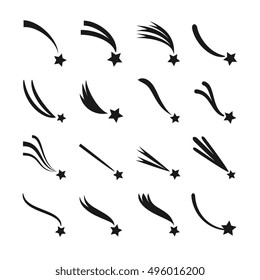 Falling, shooting stars, meteorites and comets with tails vector icons set. Comet with tail fall illustration