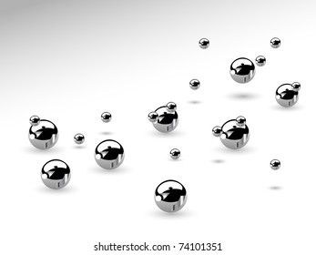 Falling silver balls on white background