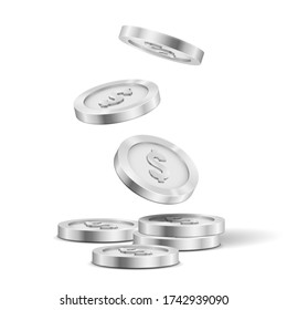 Falling silver coins. Money isolated on a white background. Vector illustration.