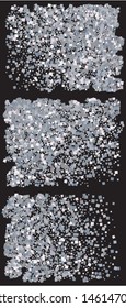Falling silver color squares. Fresh set for design. Vector illustration poster. Silver festive, luxury, bright, chaotic confetti background on black.