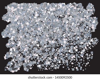 Falling silver color squares. Geometric element of design. Vector illustration poster. Silver festive, luxury, bright, chaotic confetti background on black.