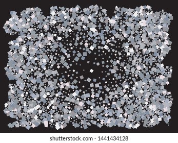 Falling silver color squares. Vector illustration poster. Vibrant element of design. Silver festive, luxury, bright, chaotic confetti background on black.