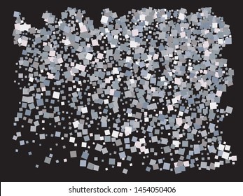 Falling silver color squares. Vector illustration poster. Random element of design. Silver festive, luxury, bright, chaotic confetti background on black.