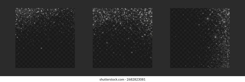 Fallen Silber Konfetti mit Glitter und Schimmer Partikel für Overlay-Effekte oder Feier Hintergründe. Funkelnder Staub mit hellen Sternen auf dunkler Oberfläche. Luxuriöse Texturen für festliches Design.