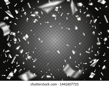 Falling Silver Confetti on transparent black background and pieces of serpentine and foil. Glossy golden festive tinsel. Party backdrop. Holiday design elements for web banner, poster or invitation.