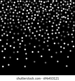 Falling silver confetti points. Abstract scatter of falling confetti on a black background. Astral design. Vector illustration