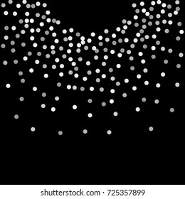 Falling silver confetti points. Abstract scatter of falling confetti on a black background. Astral design. Vector illustration