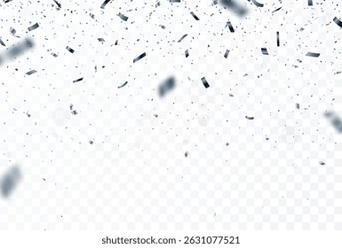 Falling silver confetti and ribbon, isolated on transparent background