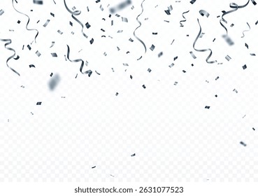 Falling silver confetti and ribbon, isolated on transparent background