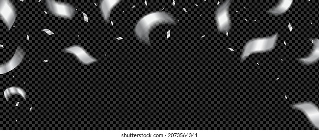 Falling silver confetti and serpentine pieces blurred in motion. Christmas festive illustration for overlay. Realistic style. On a black background. Vector.