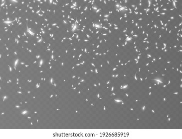 Falling silver confetti, shiny tinsel, and pieces of serpentine, abstract party background. Christmas decoration isolated on dark transparent backdrop. Realistic vector illustration.