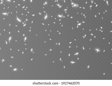 Falling silver confetti, shiny tinsel, and pieces of serpentine, abstract party background. Christmas decoration isolated on dark transparent backdrop. Realistic vector illustration.