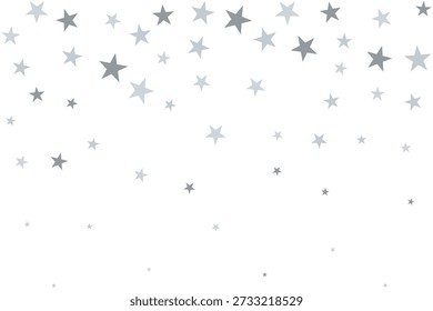 Falling silver five-point stars confetti. A festive arrangement of different-sized, scattered star-shaped symbols.