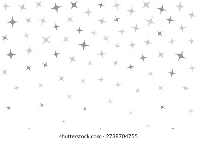 Falling silver four-point stars confetti. An abstract arrangement of different-sized, scattered star-shaped symbols.